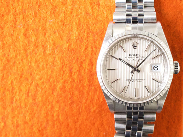 SOLDOUT: Rolex Datejust 16220 36MM Tapestry Tuxedo Dial Quickset No Holes Factory Rolex Box Automatic
