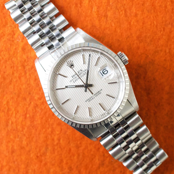SOLDOUT: Rolex Datejust 16220 36MM Tapestry Tuxedo Dial Quickset No Holes Factory Rolex Box Automatic