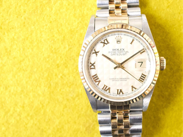 SOLDOUT: Rolex Datejust 36MM 16233 Ivory Pyramid Roman Dial Box and Papers