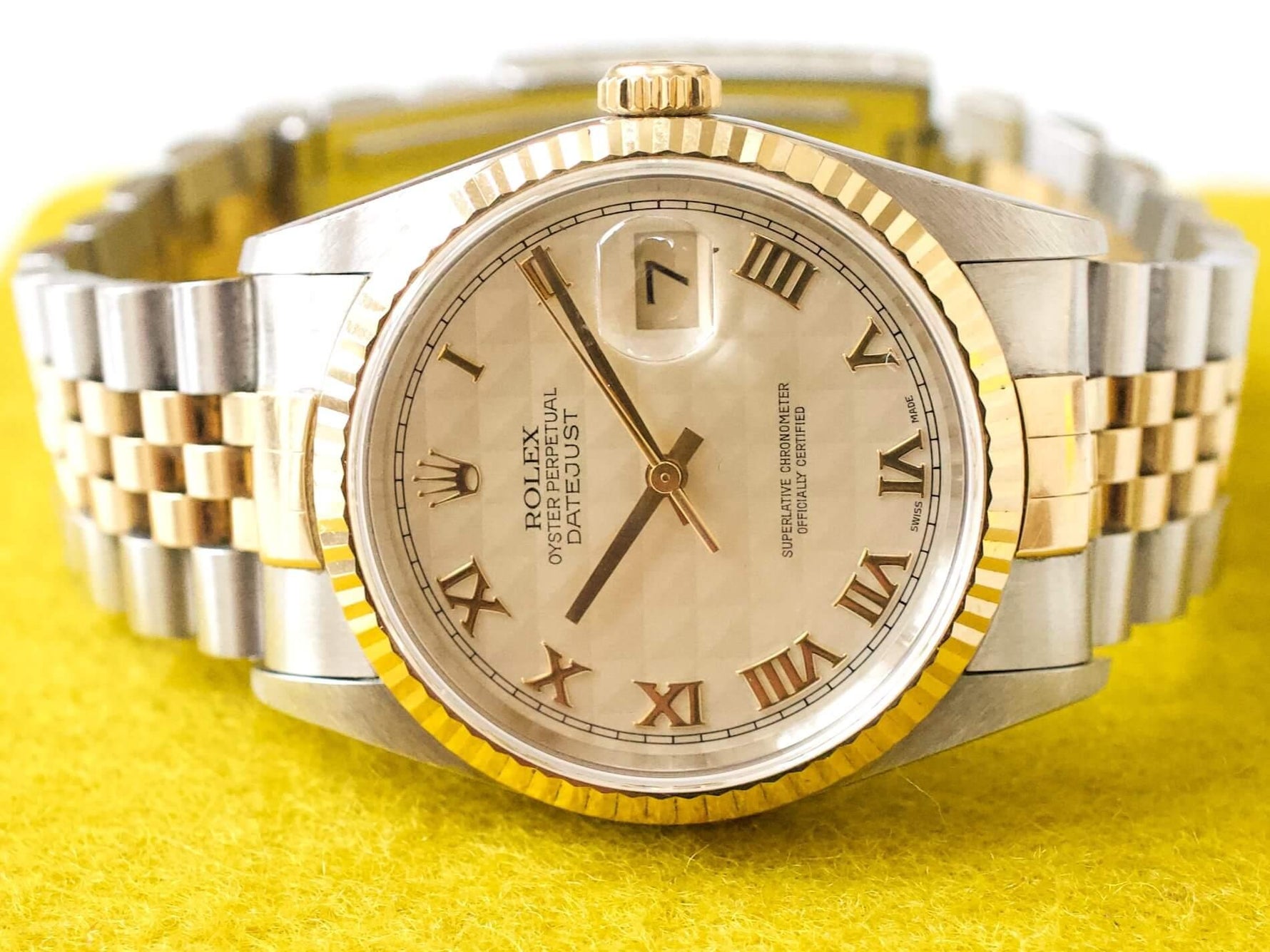 Rolex Datejust 36MM 16233 Ivory Pyramid Roman Dial Box and Papers - WearingTime Luxury Watches