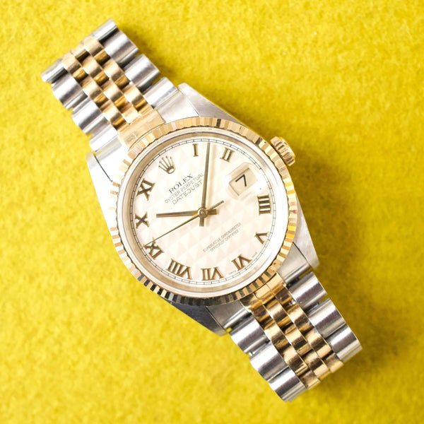 SOLDOUT: Rolex Datejust 36MM 16233 Ivory Pyramid Roman Dial Box and Papers