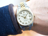 SOLDOUT: Rolex Datejust 36MM 16233 Ivory Pyramid Roman Dial Box and Papers