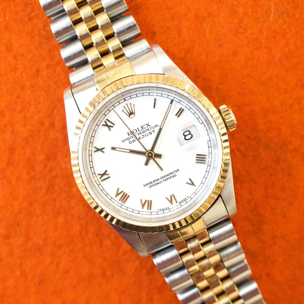 SOLDOUT: Rolex Datejust 16233 36MM Two Tone 18K Bezel Jubilee White Roman Dial No Holes Factory Rolex Box