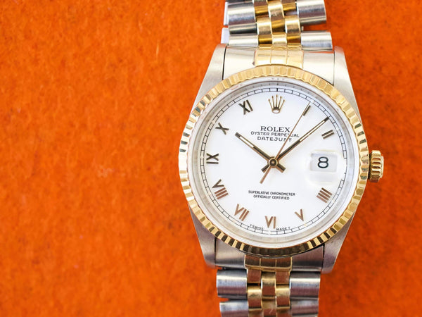 SOLDOUT: Rolex Datejust 16233 36MM Two Tone 18K Bezel Jubilee White Roman Dial No Holes Factory Rolex Box