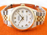 SOLDOUT: Rolex Datejust 16233 36MM Two Tone 18K Bezel Jubilee White Roman Dial No Holes Factory Rolex Box