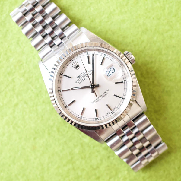 Sold Out: Rolex Datejust 36MM 16234 Quickset Jubilee 18K Bezel Silver Dial No Holes Factory Rolex Box