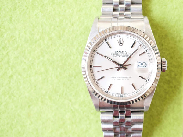 Sold Out: Rolex Datejust 36MM 16234 Quickset Jubilee 18K Bezel Silver Dial No Holes Factory Rolex Box