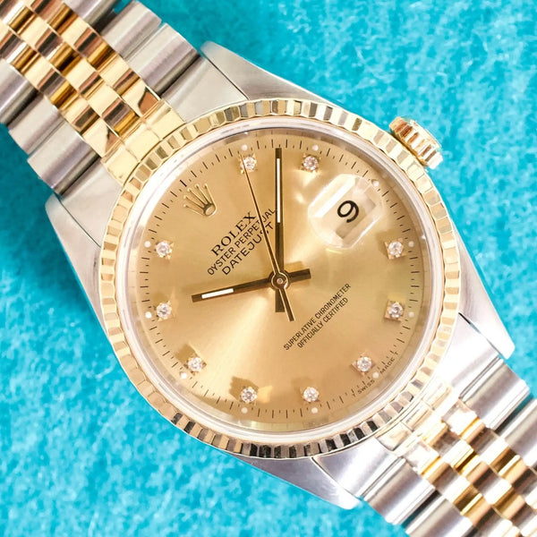 SOLDOUT: Rolex Datejust 16233 36MM Automatic 18K Yellow Gold Bezel Two-Tone Diamond Dail Jubilee Mint Serviced Box 1990