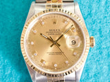 SOLDOUT: Rolex Datejust 16233 36MM Automatic 18K Yellow Gold Bezel Two-Tone Diamond Dail Jubilee Mint Serviced Box 1990