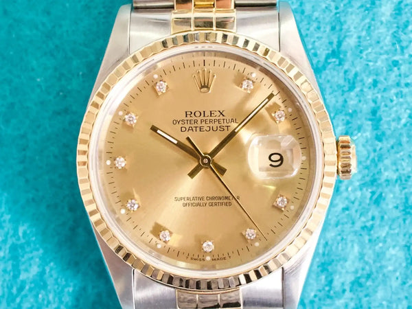 SOLDOUT: Rolex Datejust 16233 36MM Automatic 18K Yellow Gold Bezel Two-Tone Diamond Dail Jubilee Mint Serviced Box 1990