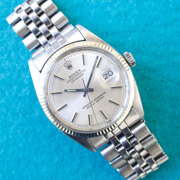 SOLDOUT: Rolex Datejust 36MM 1601 Silver Dial 18k Bezel Automatic Factory Rolex Box