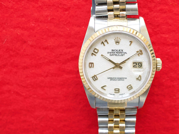 SOLDOUT: Rolex Datejust 36MM 16233 Jubilee Two Tone 18k Rare Arabic Anniversary Dial 1984