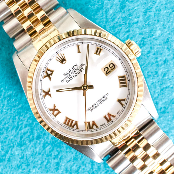 SOLDOUT: Rolex Datejust 16233 36MM Automatic Serviced Two-Tone 18k Yellow Gold Bezel Jubilee Box Papers 1991