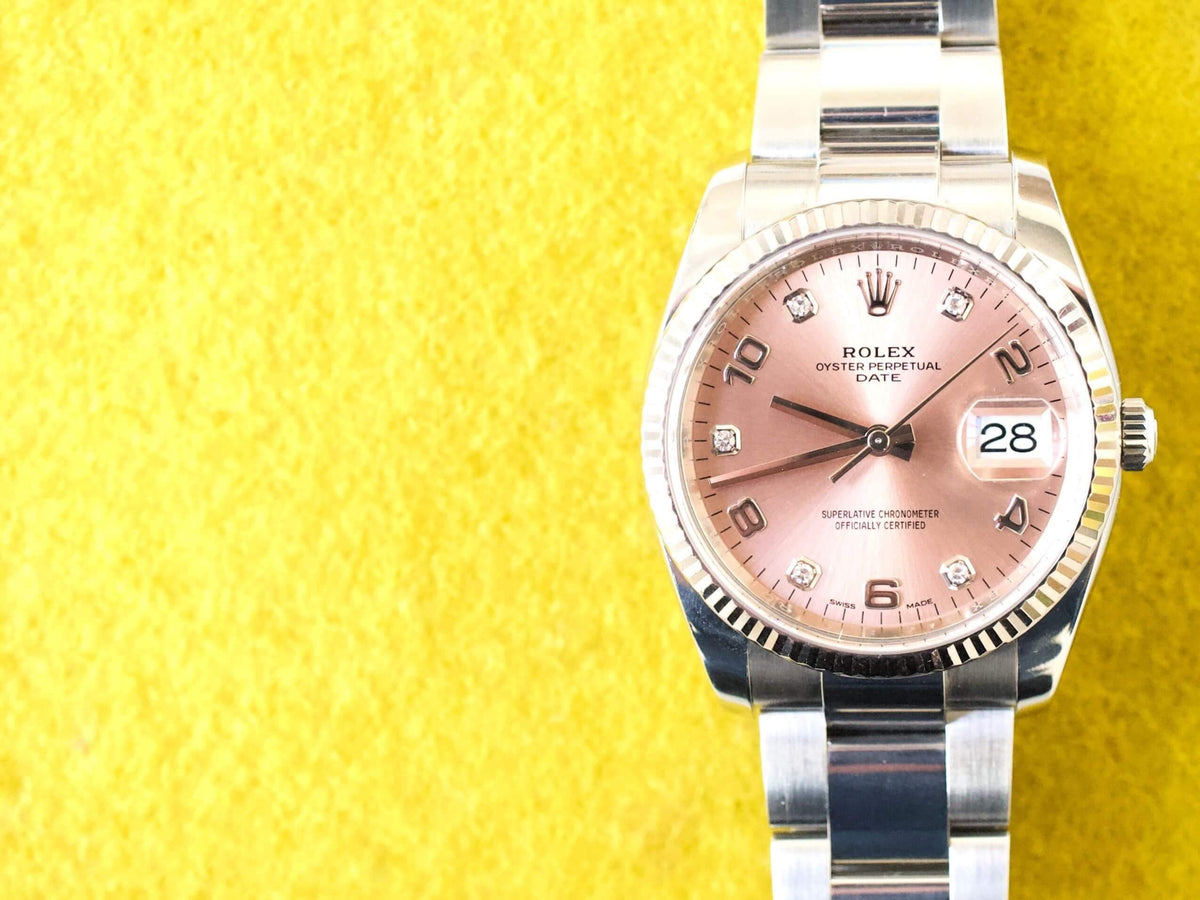 Rolex Oyster Perpetual Date 115234 34MM Factory Pink/Salmon Diamond Dial Factory Warranty Travel Box and Service Papers - WearingTime Luxury Watches