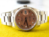 SOLDOUT: Rolex Oyster Perpetual Date 115234 34MM Factory Pink/Salmon Diamond Dial Factory Warranty Travel Box and Service Papers