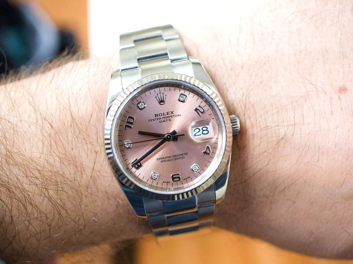 Rolex Oyster Perpetual Date 115234 34MM Factory Pink/Salmon Diamond Dial Factory Warranty Travel Box and Service Papers - WearingTime Luxury Watches