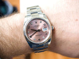 SOLDOUT: Rolex Oyster Perpetual Date 115234 34MM Factory Pink/Salmon Diamond Dial Factory Warranty Travel Box and Service Papers