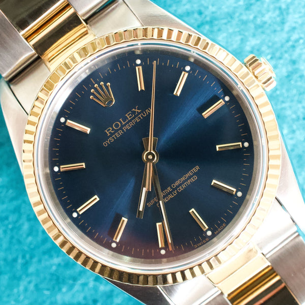 Rolex Oyster Perpetual 14233 34MM Blue Dial Two-tone 18k Gold Steel Automatic 1 Year Warranty CPO Box Papers 1995