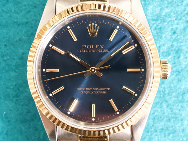 Rolex Oyster Perpetual 14233 34MM Blue Dial Two-tone 18k Gold Steel Automatic 1 Year Warranty CPO Box Papers 1995
