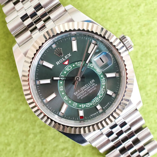 SOLDOUT: Rolex Sky-Dweller 336934 Mint Green Dial Jubilee 42MM GMT Annual Calendar Factory Dial Factory Warranty Box and Papers 2024