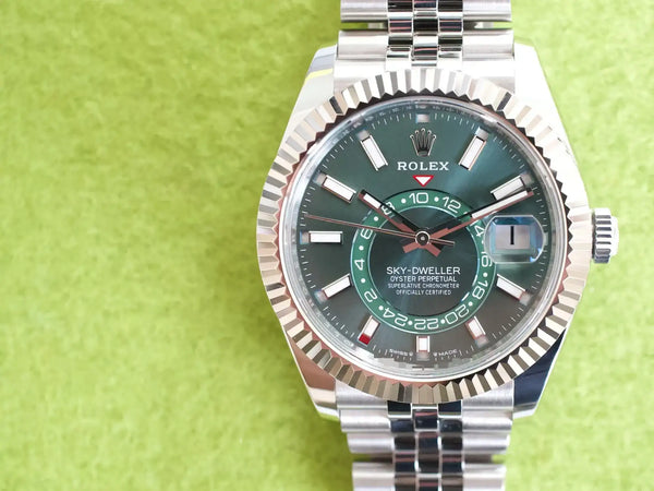SOLDOUT: Rolex Sky-Dweller 336934 Mint Green Dial Jubilee 42MM GMT Annual Calendar Factory Dial Factory Warranty Box and Papers 2024
