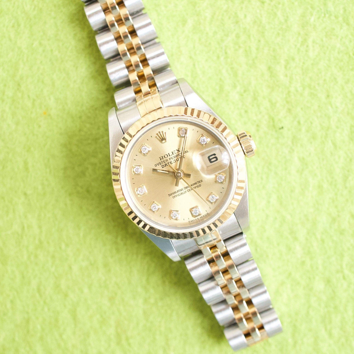 SOLDOUT: Rolex Lady-Datejust 69173 26MM 18k Yellow Gold Steel Champagne Dial FACTORY Diamond Dial 18k Fluted Bezel BOX PAPERS FULL SET Jubilee NO HOLES
