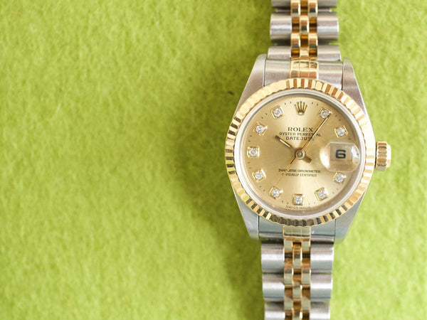 SOLDOUT: Rolex Lady-Datejust 69173 26MM 18k Yellow Gold Steel Champagne Dial FACTORY Diamond Dial 18k Fluted Bezel BOX PAPERS FULL SET Jubilee NO HOLES