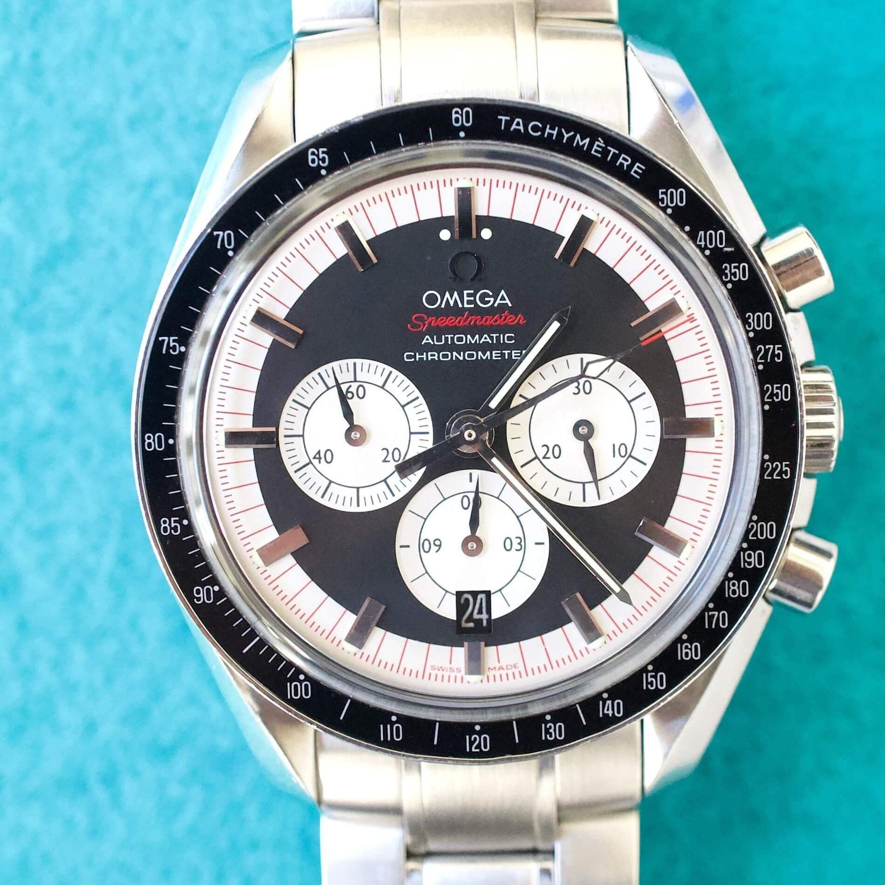 Omega Speedmaster 42MM Automatic Chronograph Panda Steel Box Papers Schumaker Limited 35075100 - WearingTime Luxury Watches