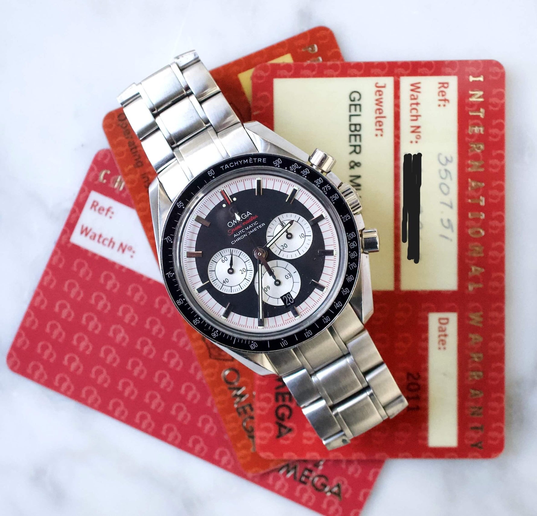 Omega Speedmaster 42MM Automatic Chronograph Panda Steel Box Papers Schumaker Limited 35075100 - WearingTime Luxury Watches