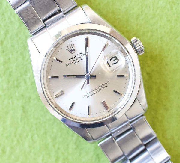 SOLDOUT: ROLEX 1500 Oyster Perpetual Date 34MM BOX AND PAPERS RIVET BRACELET VINTAGE