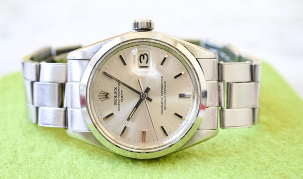 SOLDOUT: ROLEX 1500 Oyster Perpetual Date 34MM BOX AND PAPERS RIVET BRACELET VINTAGE