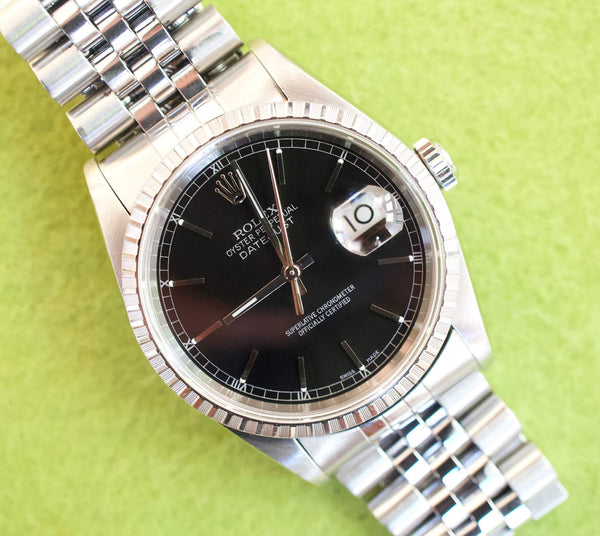 SOLDOUT: Rolex 16220 Datejust 36MM Automatic Quickset Sapphire Engine Turned Jubilee Box CERTIFIED Year 2000 No Holes