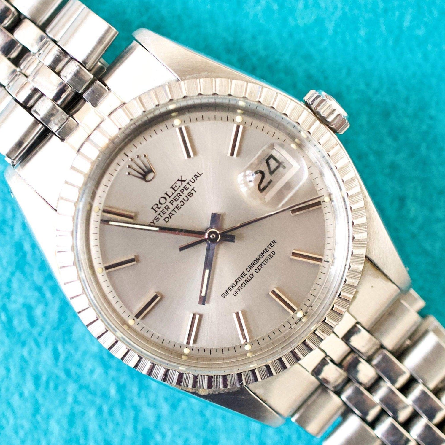 SOLD OUT: 1978 Rolex Datejust 1603 36MM Ghost/Grey Dial FACTORY SERVICE Box CARD Engine Turned - WearingTime Luxury Watches