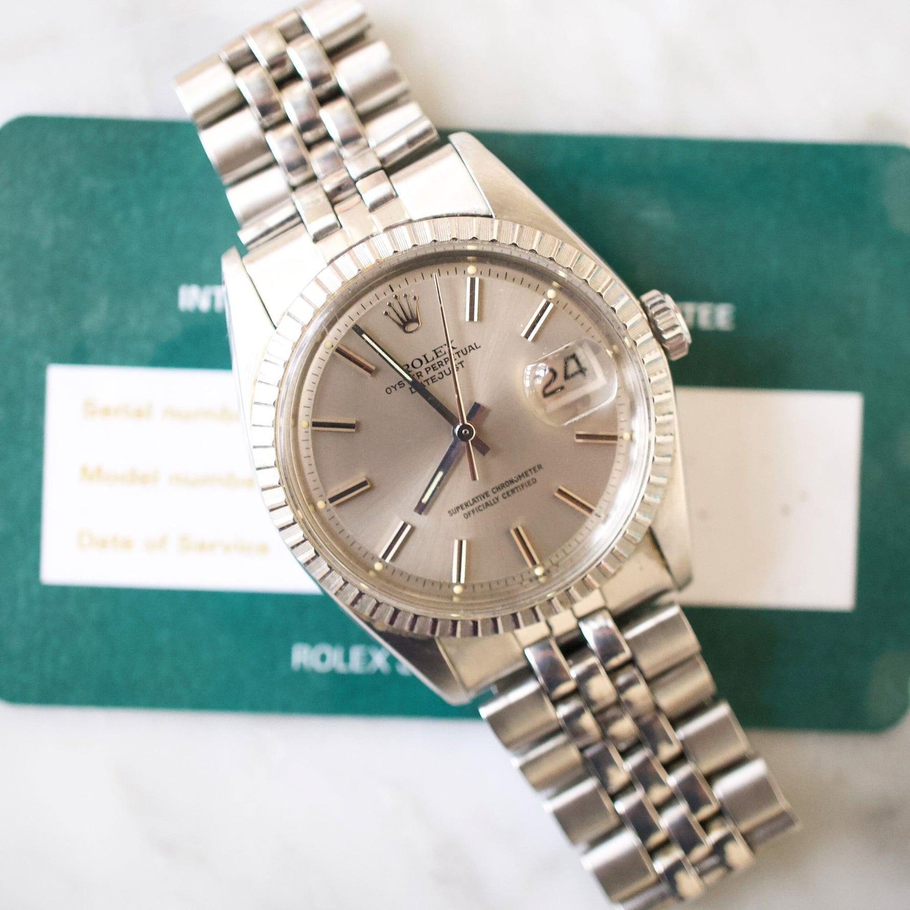 SOLD OUT: 1978 Rolex Datejust 1603 36MM Ghost/Grey Dial FACTORY SERVICE Box CARD Engine Turned - WearingTime Luxury Watches