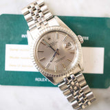 SOLD OUT: 1978 Rolex Datejust 1603 36MM Ghost/Grey Dial FACTORY SERVICE Box CARD Engine Turned