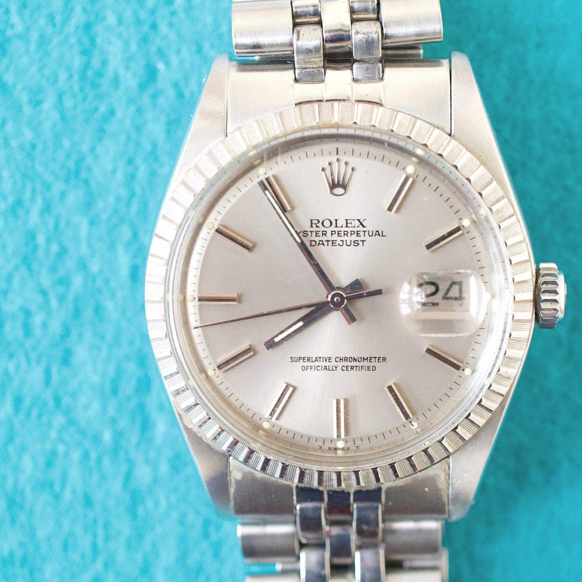 SOLD OUT: 1978 Rolex Datejust 1603 36MM Ghost/Grey Dial FACTORY SERVICE Box CARD Engine Turned - WearingTime Luxury Watches
