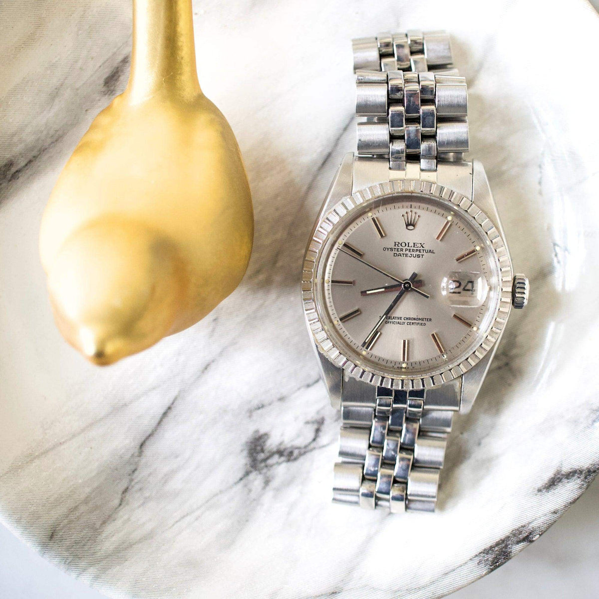 SOLD OUT: 1978 Rolex Datejust 1603 36MM Ghost/Grey Dial FACTORY SERVICE Box CARD Engine Turned - WearingTime Luxury Watches