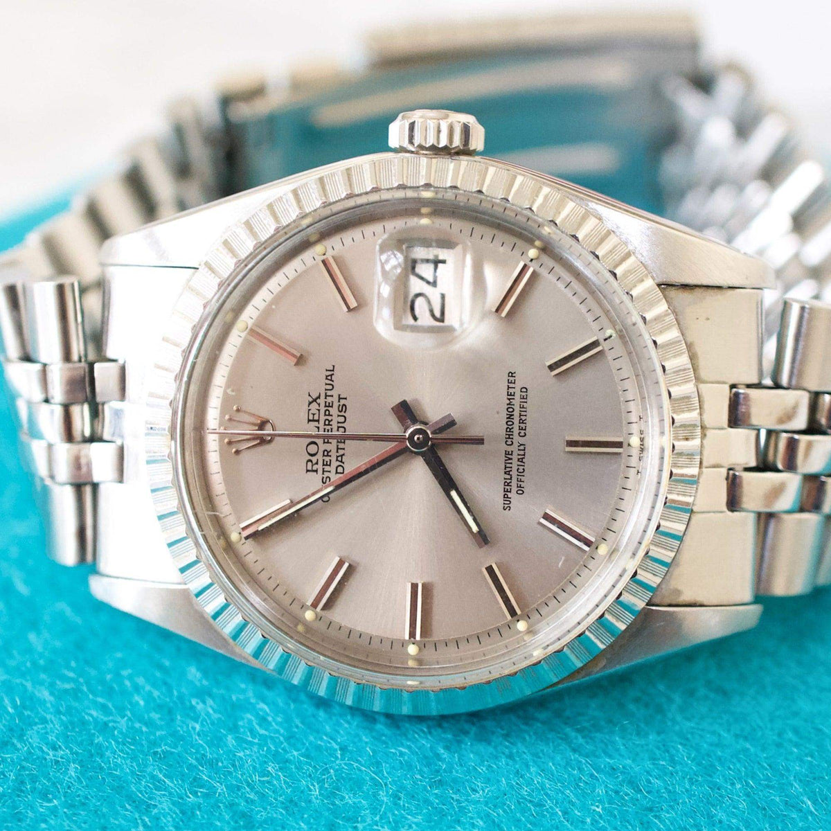 SOLD OUT: 1978 Rolex Datejust 1603 36MM Ghost/Grey Dial FACTORY SERVICE Box CARD Engine Turned - WearingTime Luxury Watches
