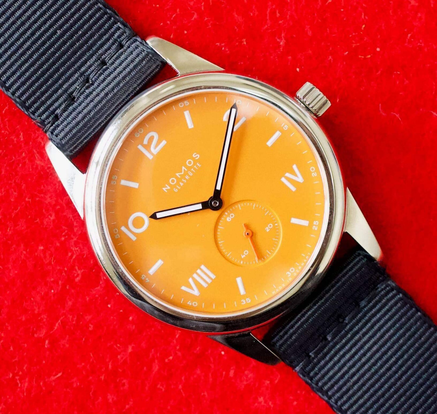 SOLD OUT: Nomos Club 38.5MM Manual Wind Nato Strap Box and Papers NEW 2022 Orange - WearingTime Luxury Watches