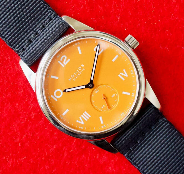 SOLD OUT: Nomos Club 38.5MM Manual Wind Nato Strap Box and Papers NEW 2022 Orange