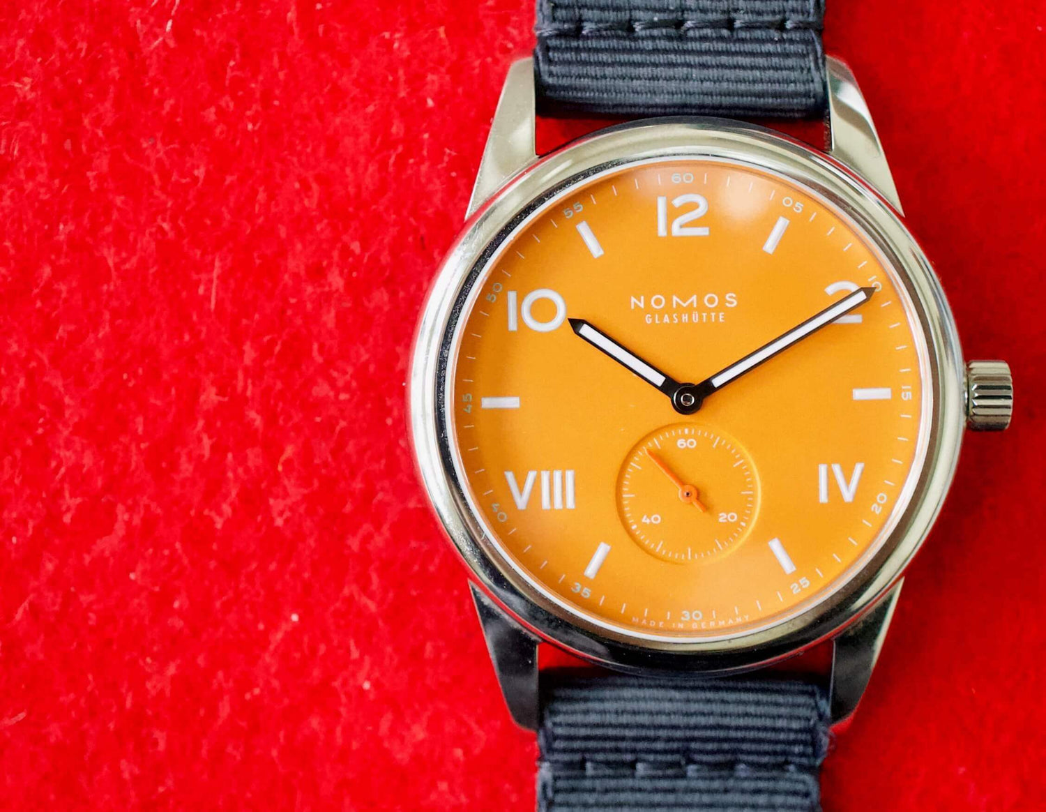 SOLD OUT: Nomos Club 38.5MM Manual Wind Nato Strap Box and Papers NEW 2022 Orange - WearingTime Luxury Watches