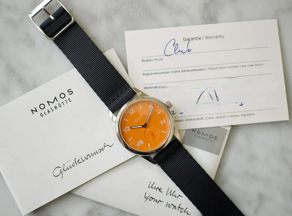 SOLD OUT: Nomos Club 38.5MM Manual Wind Nato Strap Box and Papers NEW 2022 Orange