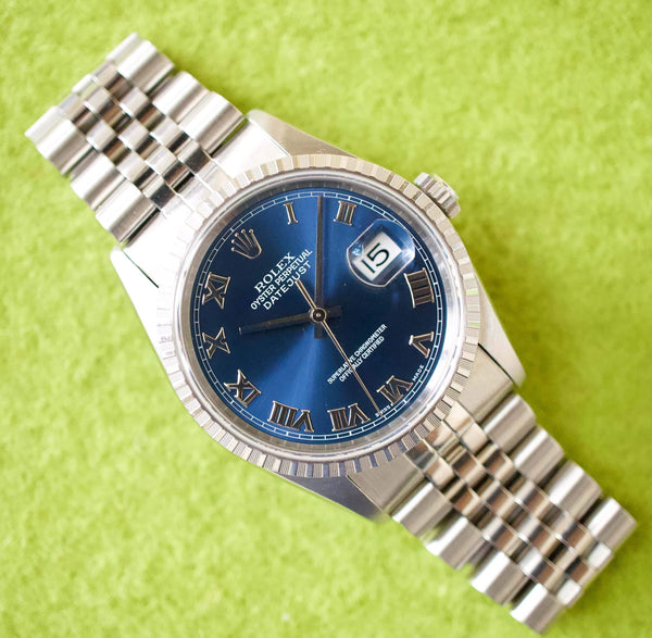 SOLD OUT: Rolex Datejust 16220 36MM Quickset Jubilee Engine Turned 1999 Blue Dial Papers SERVICED BY ROLEX