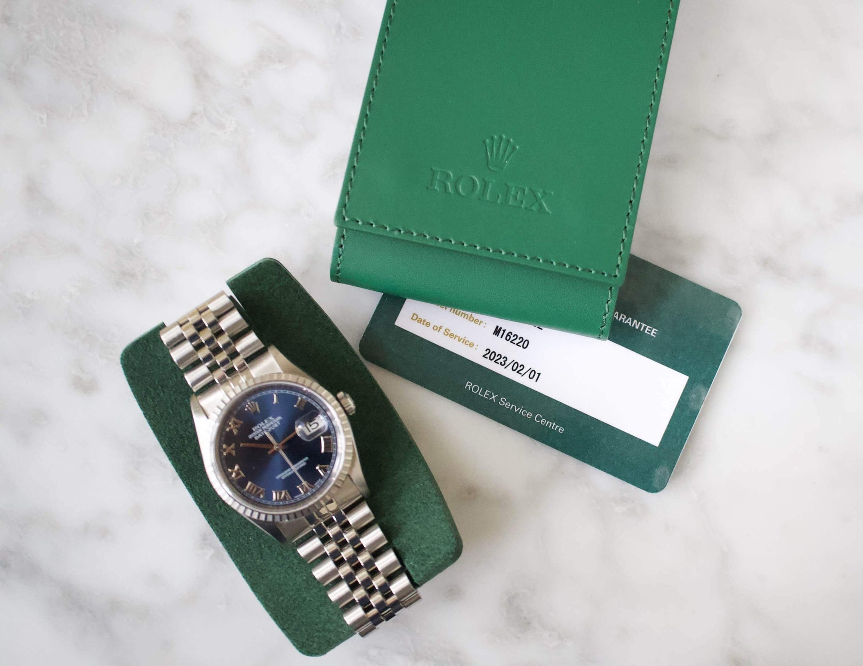 SOLD OUT: Rolex Datejust 16220 36MM Quickset Jubilee Engine Turned 1999 Blue Dial Papers SERVICED BY ROLEX - WearingTime Luxury Watches