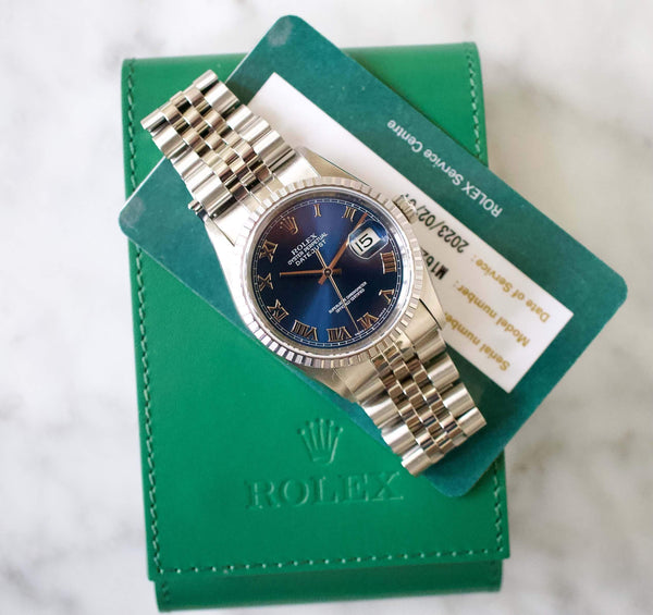 SOLD OUT: Rolex Datejust 16220 36MM Quickset Jubilee Engine Turned 1999 Blue Dial Papers SERVICED BY ROLEX
