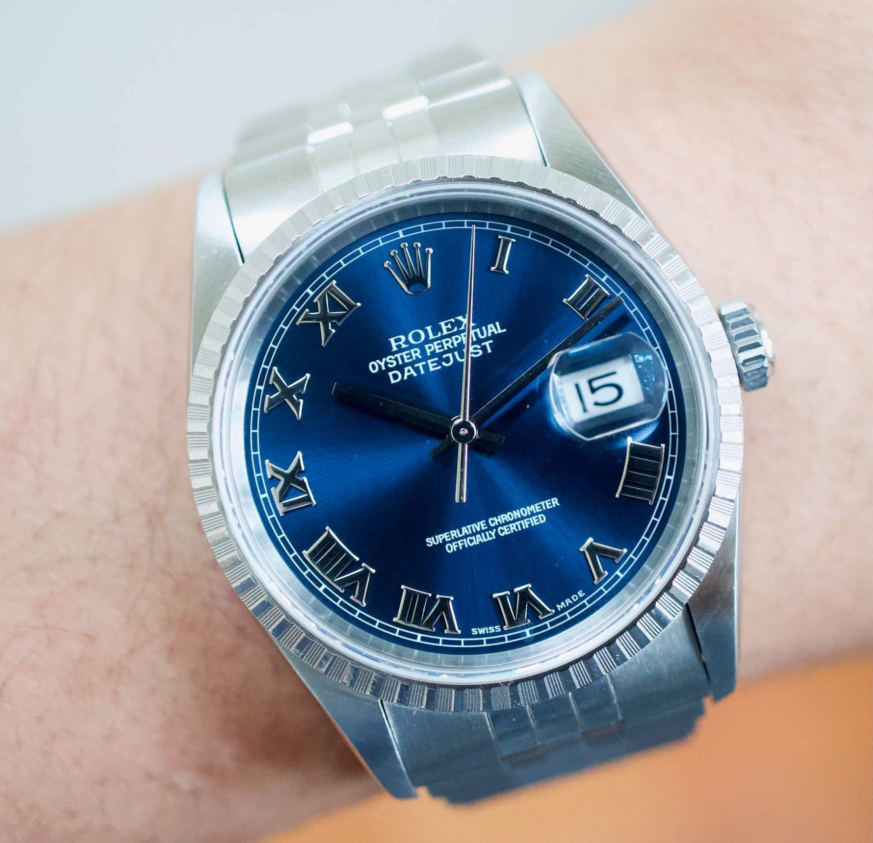 SOLD OUT: Rolex Datejust 16220 36MM Quickset Jubilee Engine Turned 1999 Blue Dial Papers SERVICED BY ROLEX - WearingTime Luxury Watches