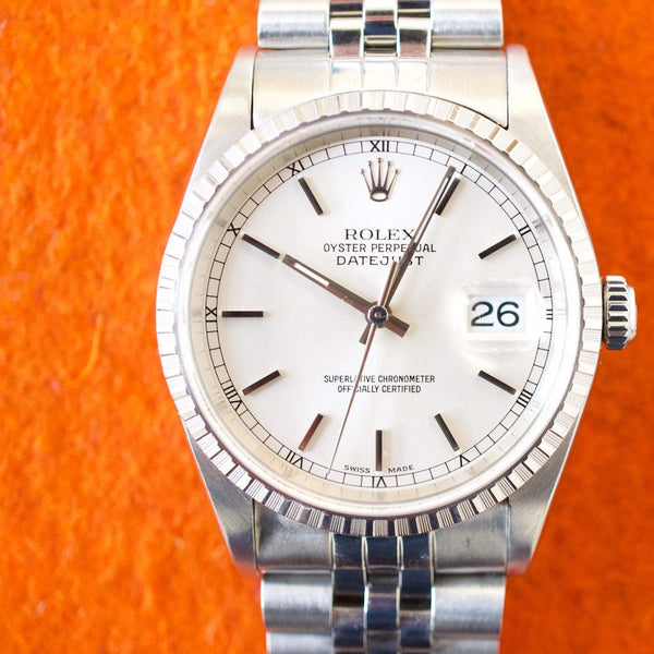 SOLD OUT: Rolex Datejust 16220 36MM Quickset Jubilee Engine-Turned 3135 Silver Steel Box 1999