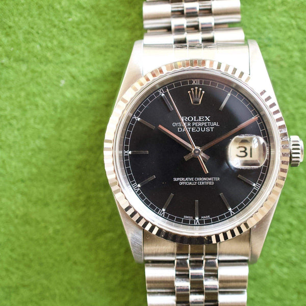 SOLD OUT: Rolex Datejust 16234 36MM Quickset Jubilee Gold Fluted 3135 Black Steel Box 1995