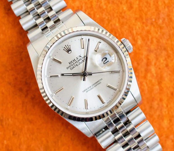 SOLD OUT: Rolex Datejust 16234 36MM Silver Quickset Jubilee 18K Gold Fluted 3135 Steel Box Manuals
