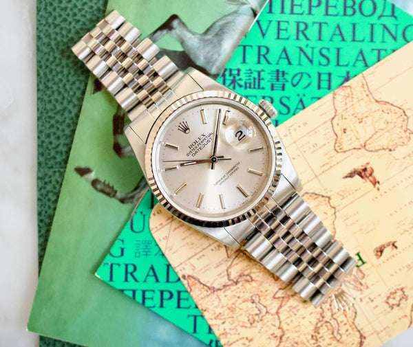 SOLD OUT: Rolex Datejust 16234 36MM Silver Quickset Jubilee 18K Gold Fluted 3135 Steel Box Manuals
